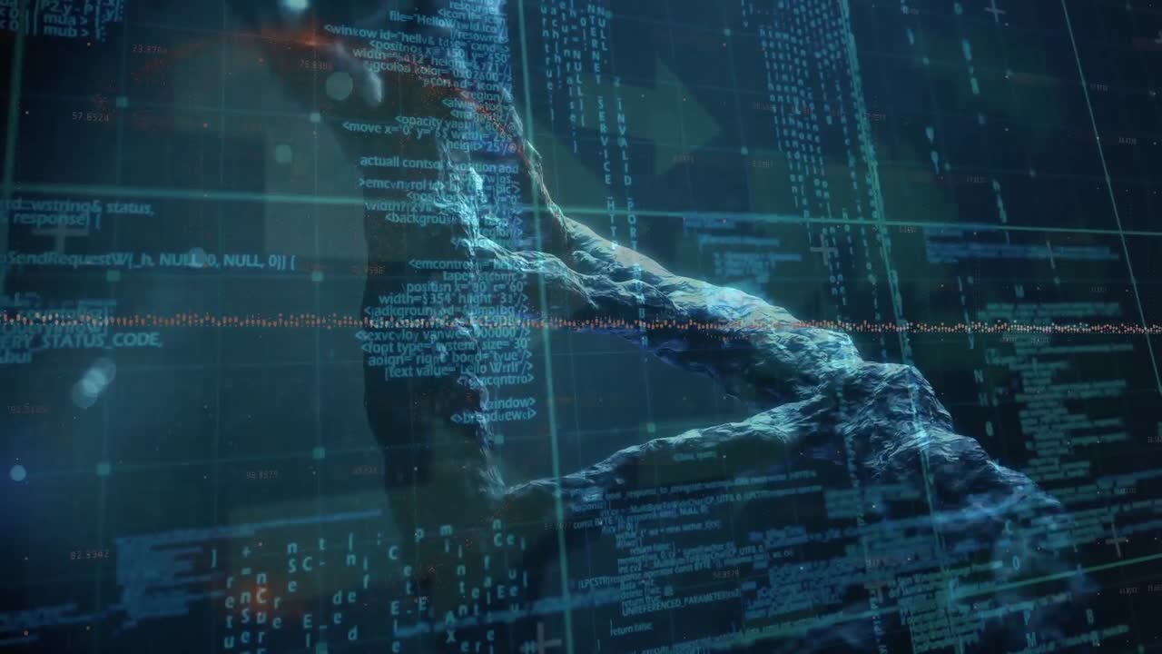 Animation of data processing over chemical formulas and dna chains in blue space