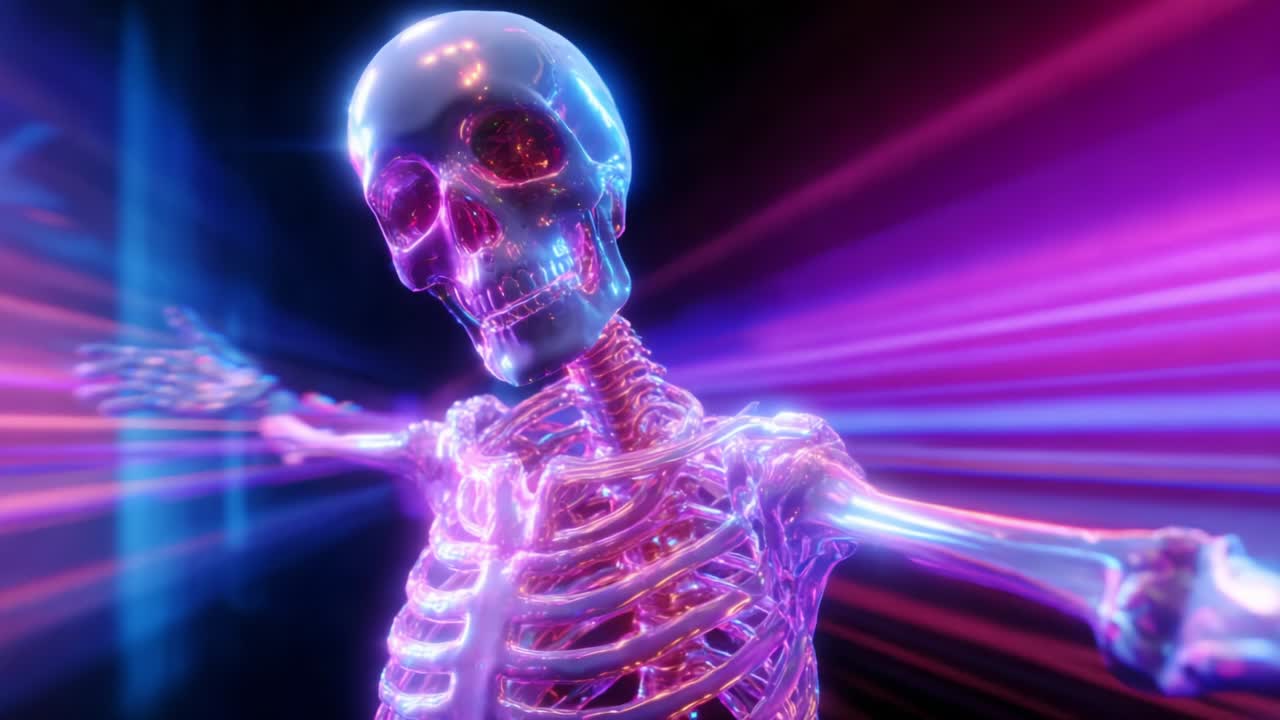 A vibrant and captivating visual of a translucent skeleton figure bathed in colorful, glowing lights, highlighting both its detailed structure and the dynamic energy surrounding it, creating a mesmerizing effect