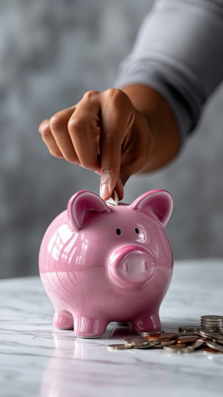 Persona introduciendo una moneda de plata en una hucha rosa sobre una mesa de mármol blanco para ahorros e inversión.