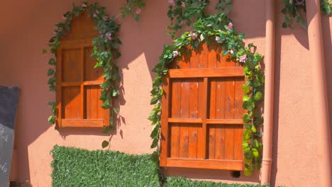 two wooden windows on a brick wall with green plants