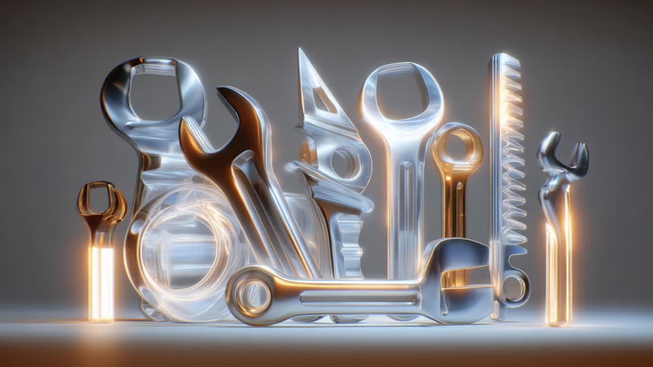 Collection of chrome plated wrenches and various mechanic instruments glowing with warm, golden light in a seamless loop, representing maintenance, repair, and precision engineering services