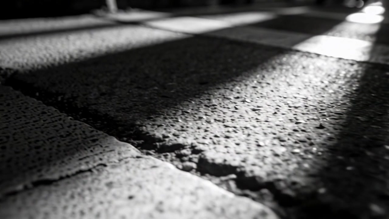 Laag pannerende camera toont getextureerde straatstenen op grondniveau om diagonale balkschaduwen te onthullen