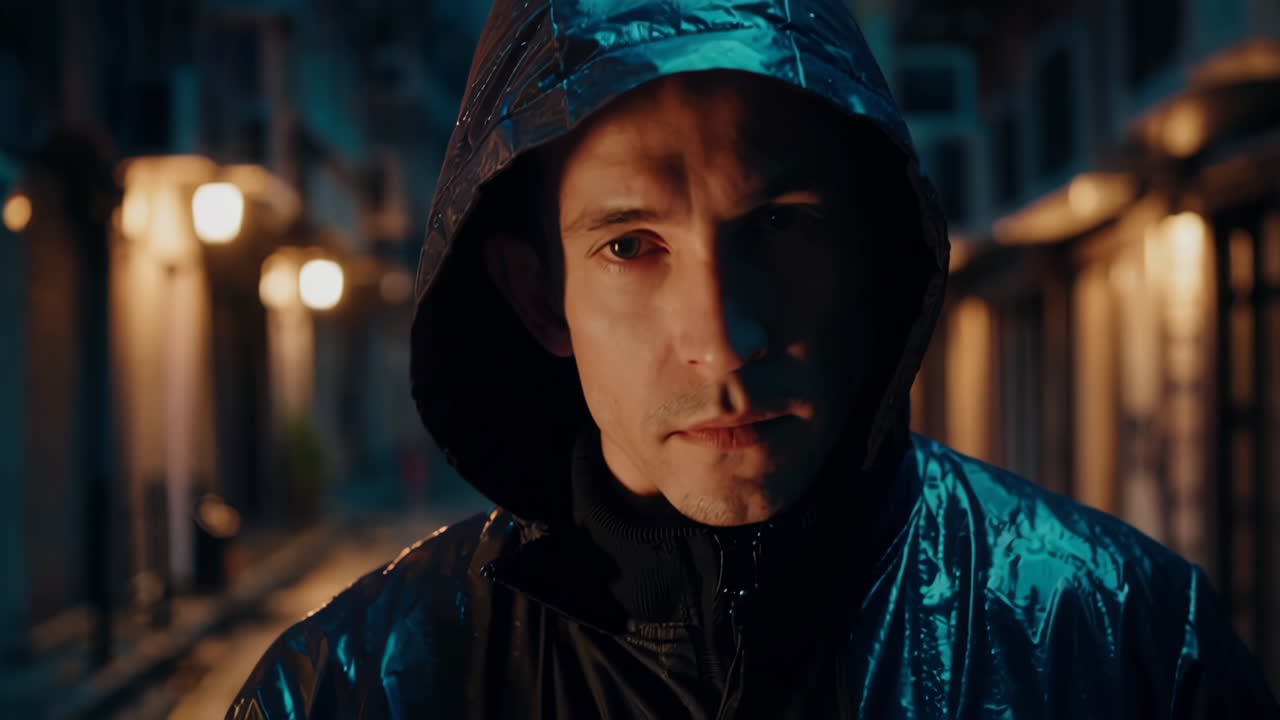Man in a Raincoat at Night