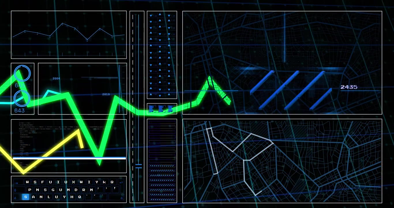 Animation of green line and financial data processing over grid