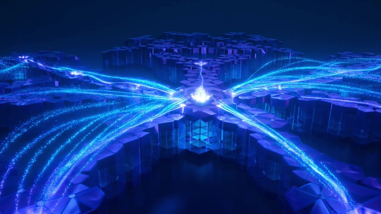 Abstract Digital Network with Glowing Data Streams and Hexagonal Grid