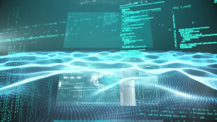 Animation of wave over science data processing on dark background