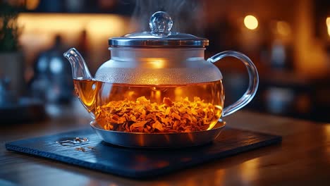 a glass teapot filled with herbal tea