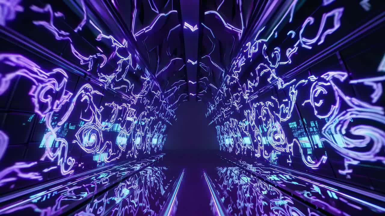 Futuristic corridor illuminated by vibrant blue and purple neon lights, showcasing dynamic glowing patterns and reflections, creating an immersive visual experience of motion and depth