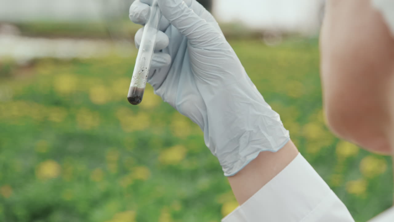 Scienziato che esamina un campione di terreno in provetta