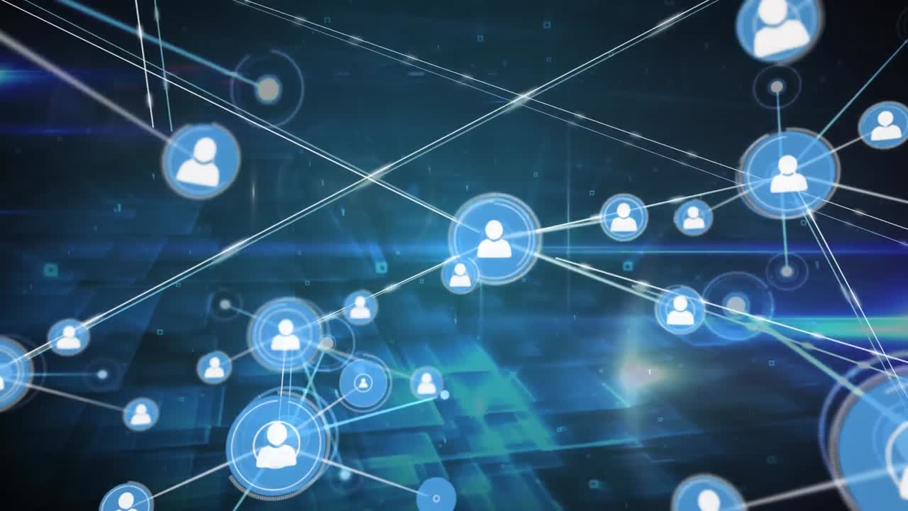 Animation of network of connections with people icons over glowing spots