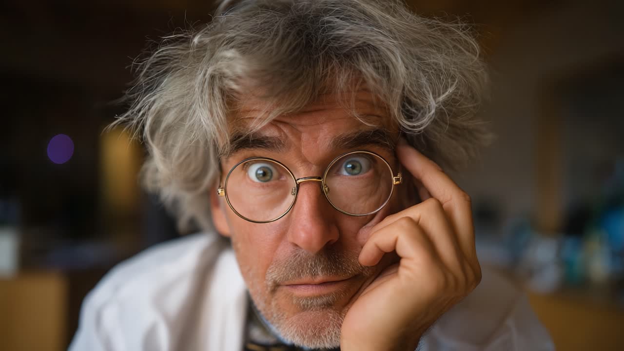 A surprised man with disheveled gray hair and glasses looks thoughtfully at the camera while resting his chin on his hand, conveying a sense of curiosity and intrigue