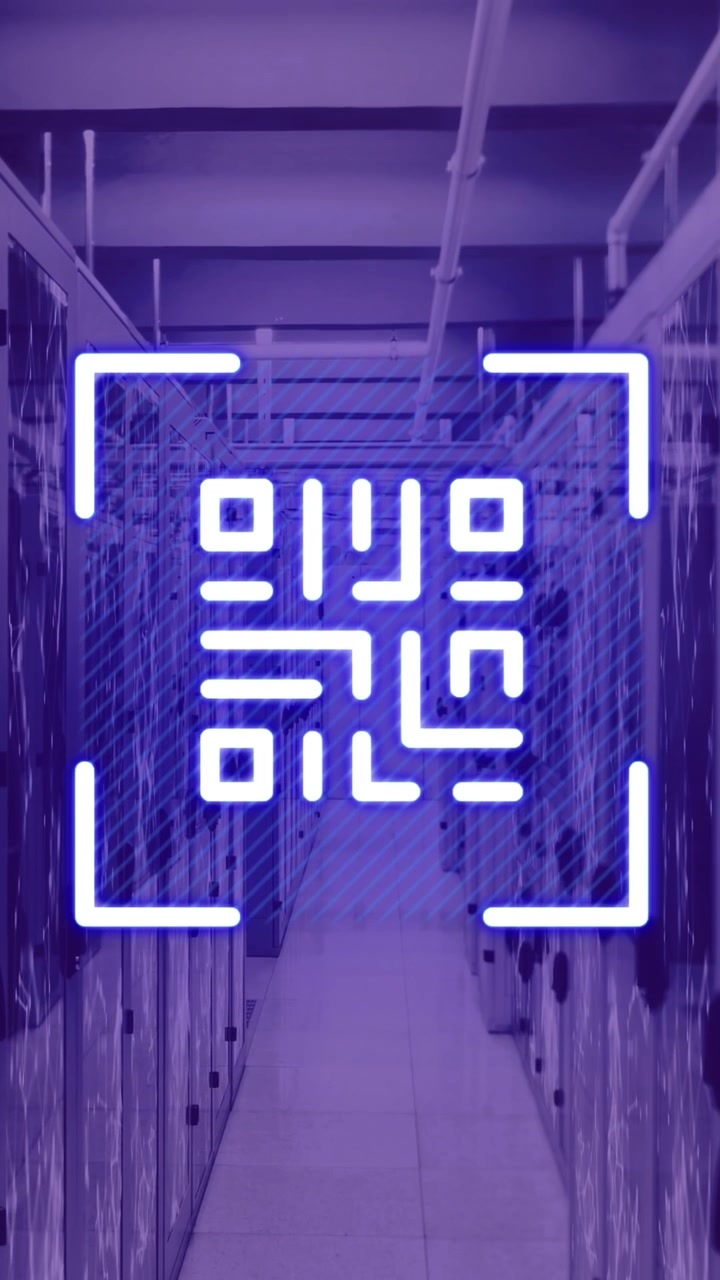 Animation of neon qr code over server room in violet