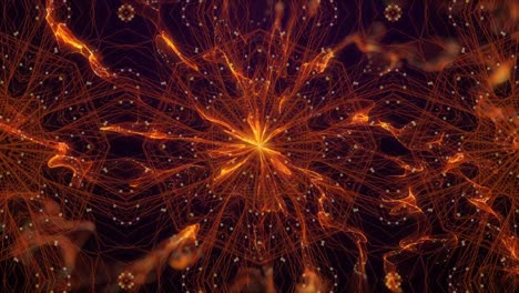 Animation-of-kaleidoscope-with-spinning-abstract-orange-light-trails-with-spots