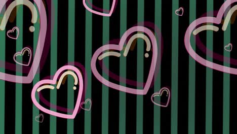 animación de corazones rosados que se mueven sobre rayas verdes sobre un fondo negro