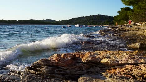 waves crashing on the beach shore during golden hour
