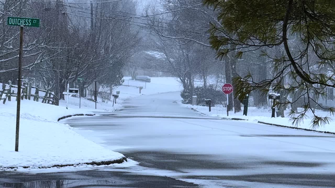 미국 뉴욕 교외에서 큰 북동부 폭우 중에 느린 속도로 눈이 내리고 있습니다.