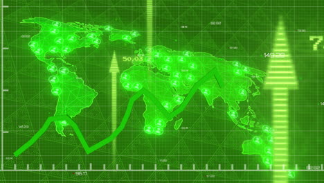 financial data processing over world map with green graphs and numbers