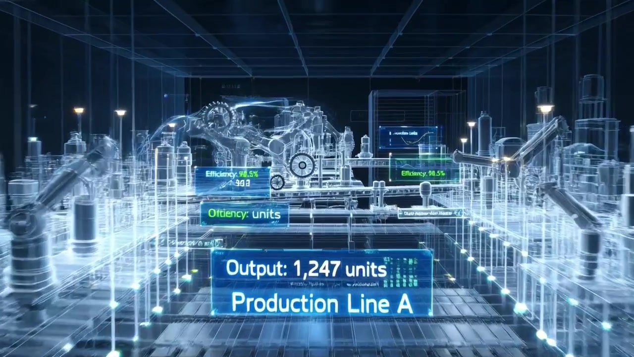 Holographic Wireframe Factory Production Line with Digital Data