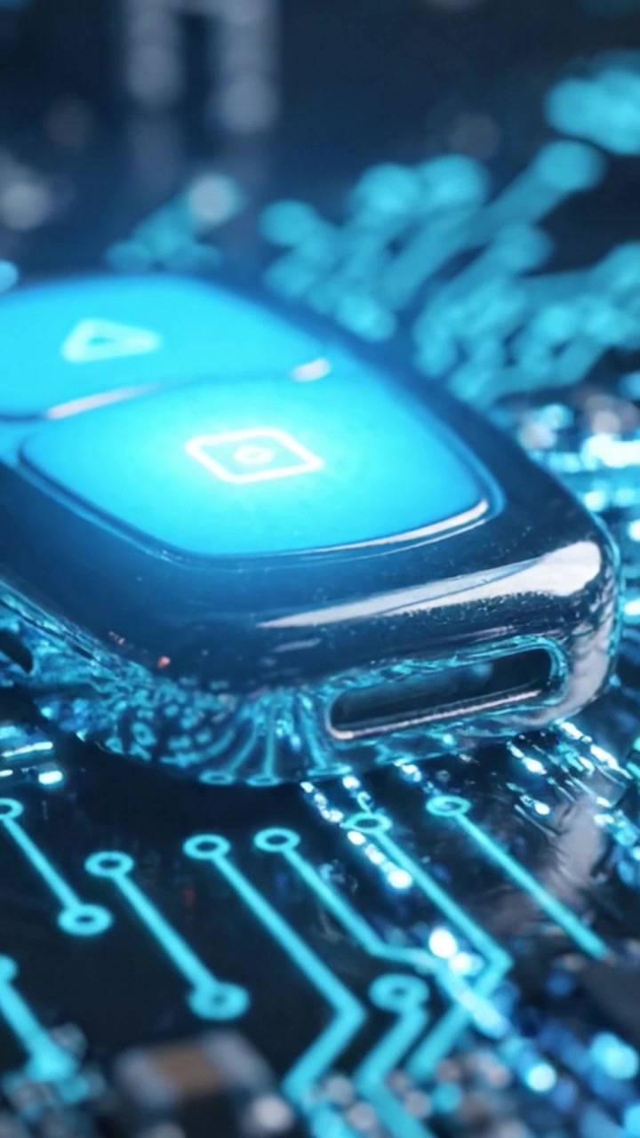 A Close-Up View of a Modern Key Fob on a High-Tech Circuit Board with a Glowing Blue Design Emphasizing the Fusion of Technology and Innovation