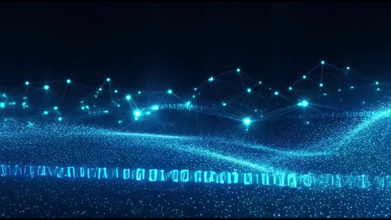 輝く粒子とバイナリデータの抽象的なデジタルウェーブ