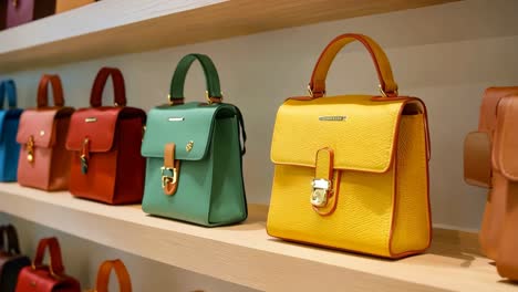 a row of colorful handbags on a shelf in a store