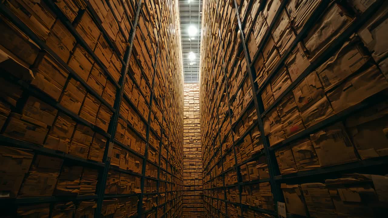 Shot initiating camera advancing and tilting upward through racks, revealing boxes and lights