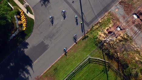 a top down aerial view of an intersection with green fields and colorful trees on a sunny day in autumn
