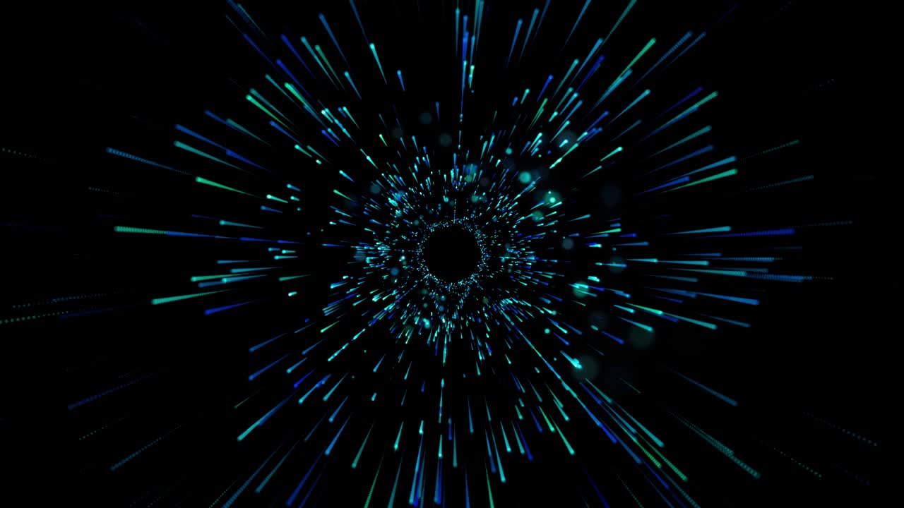 Abstract Colorful glittering spangles round frame with empty center motion.Effect blue speed lines abstract background.Star travel in space with bokeh