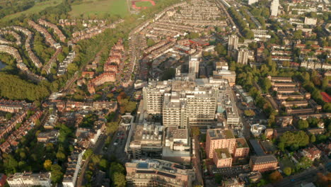 Pan-up-aerial-shot-from-the-Royal-Free-Hospital-towards-the-London-skyline