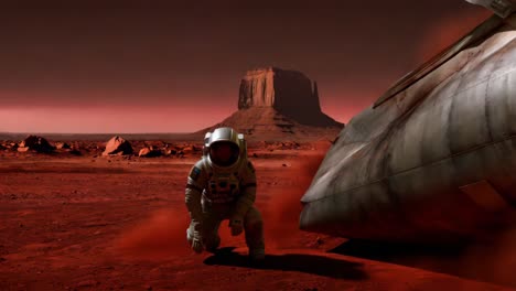 astronaut on mars near a crashed spacecraft