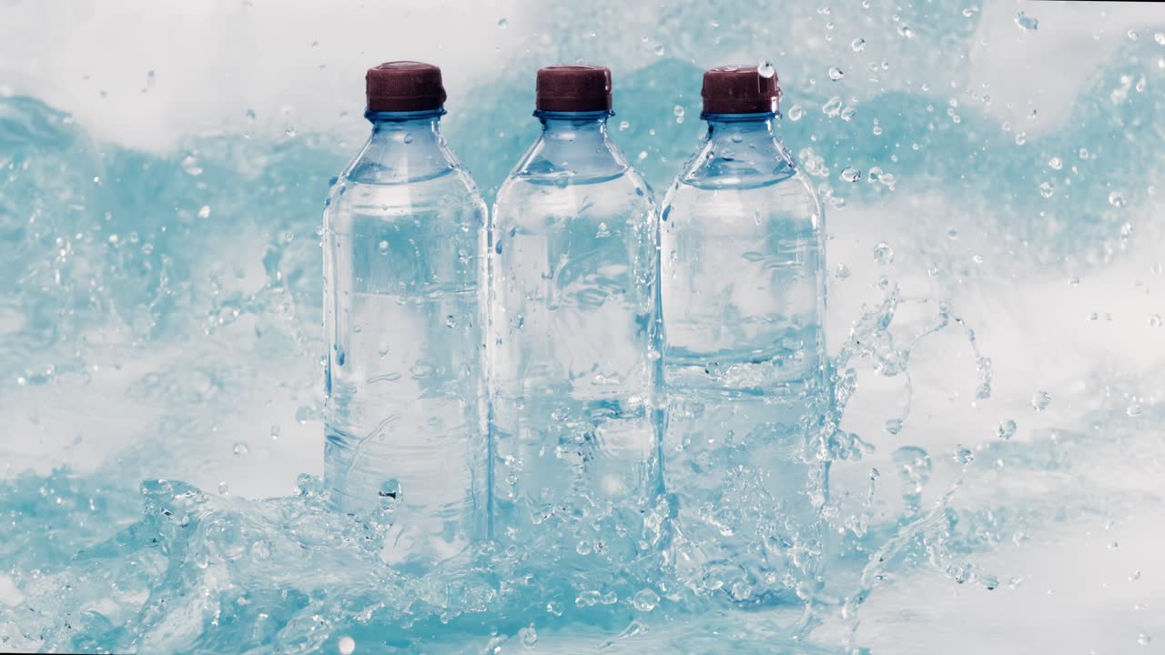 Fresh Drinking water bottles in splash blue water. Shot on super slow motion camera 1000 fps