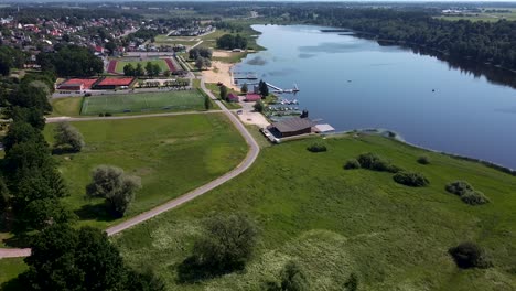 aerial drone of viljandi lake in estonia during summertime