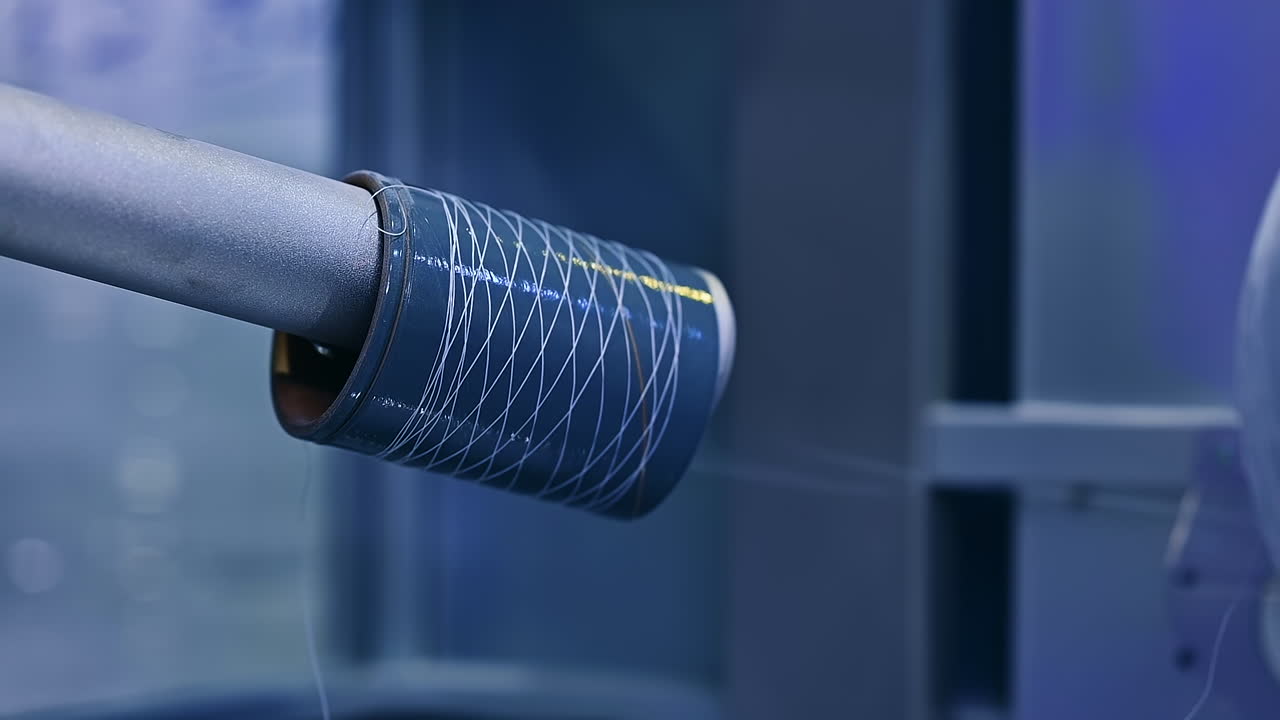 White thread is unwinding from the sewing bobbin. Almost finished spool of thread at the diaper enterprise close up.