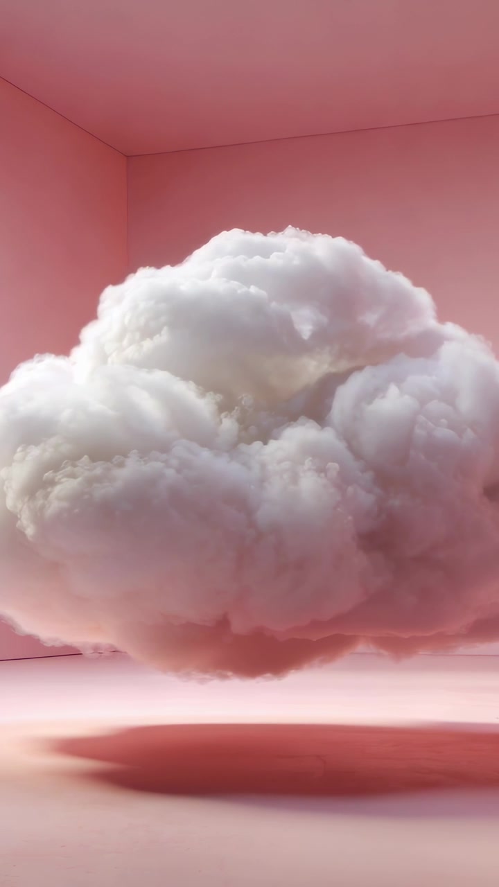 Nuvola bianca che si gonfia e sale in una stanza rosa, sollevamento interno che anima l'ombra ovale sul pavimento per la tecnologia