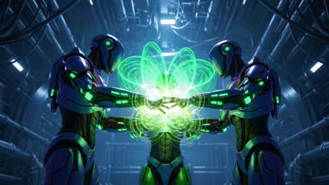 two futuristic robots merging energy with a human-like figure in a high-tech environment, showcasing advanced technology and dynamic light effects
