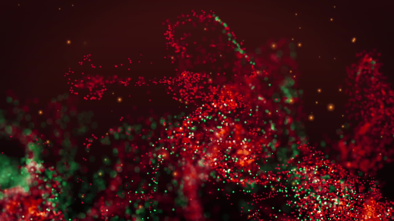 빨간 바탕에 떠다니는 빛나는 오렌지색 반점 위에 녹색과 빨간색 디지털 파동의 애니메이션