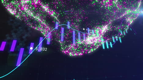 Animación-Del-Procesamiento-De-Datos-Financieros-Y-Globo-Con-Conexiones-Sobre-Fondo-Negro