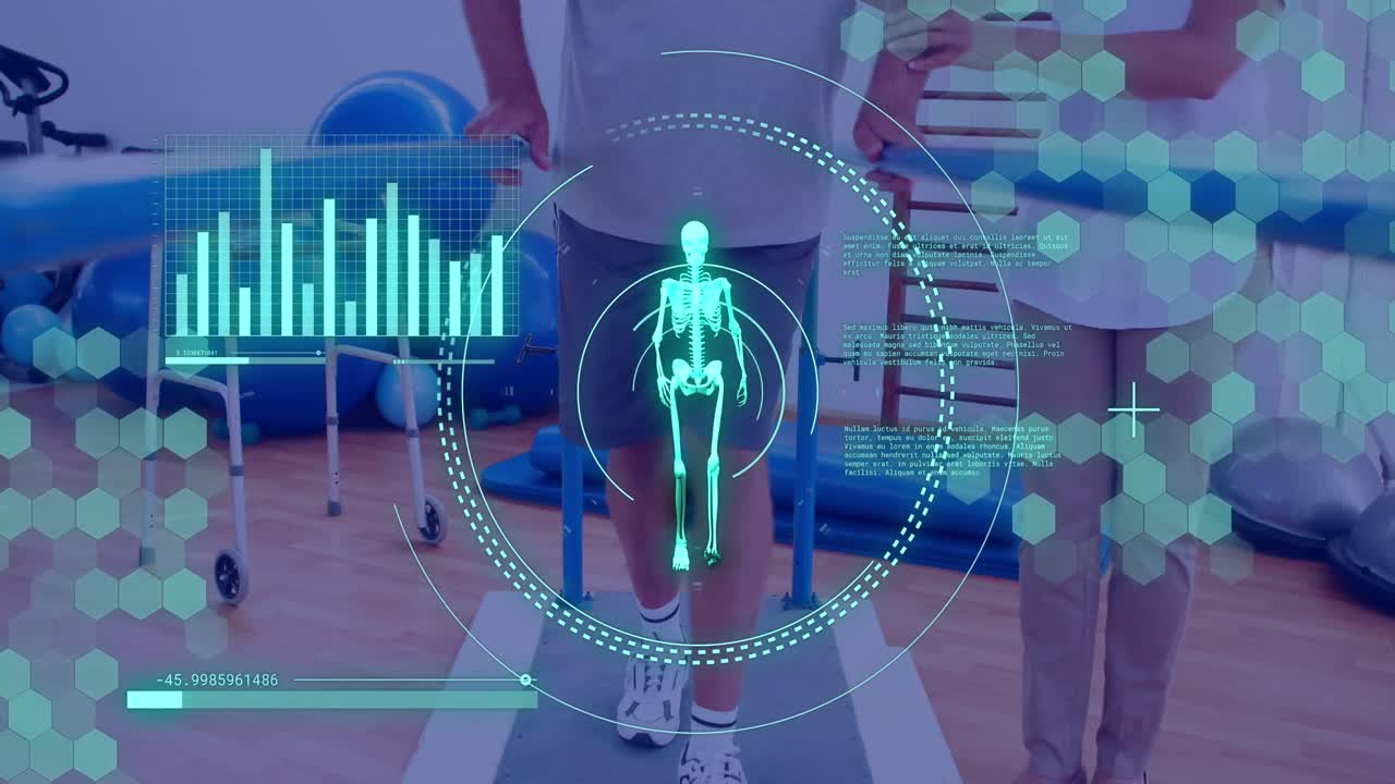 피지오테라피스트와 함께 백인 남성에 대한 스 스캔과 데이터 처리의 애니메이션