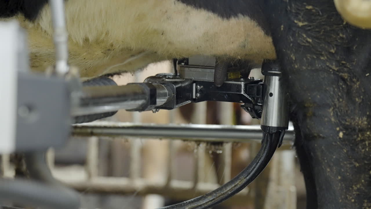 Robotic Arm Of Milking Machine Washing The Teats Of Dairy Cow In The Stable