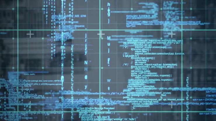 Animation of grid pattern over blue computer programming language against black background