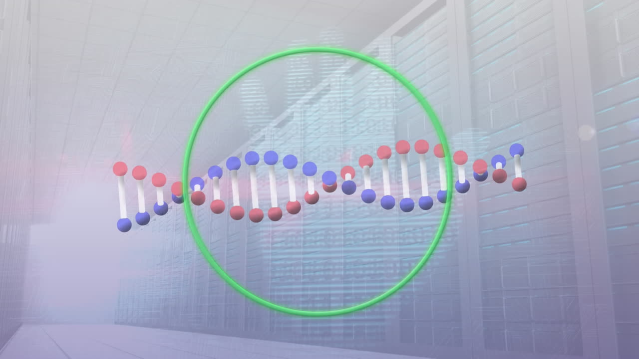 녹색 원의 dna 나선의 애니메이션과 복도의 시간 경과에 대한 디지털 손 인쇄