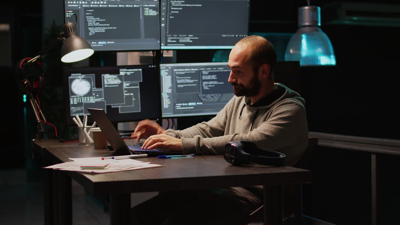 Man coding on laptop in office