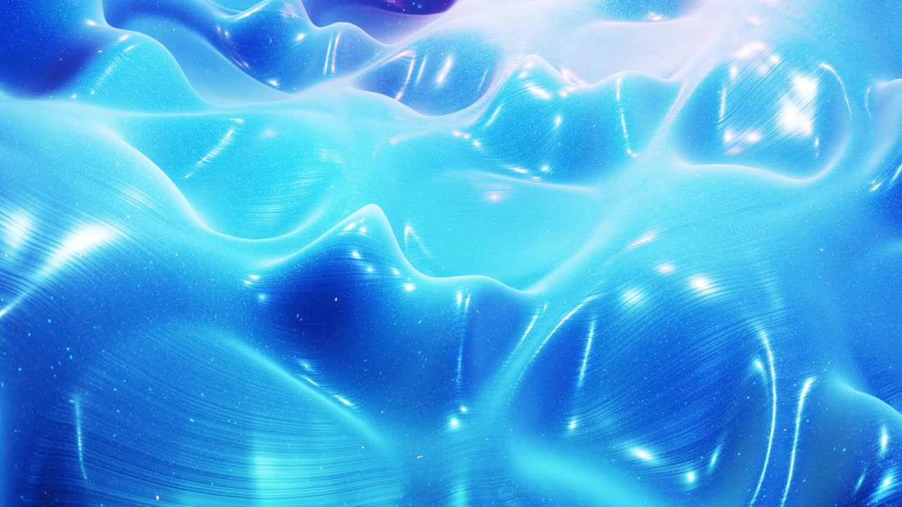 Stylish abstract blue surface as fantastical festive bg. Looped background, waves move on glossy surface like landscape made of liquid blue wax with sparkles. Beautiful soft bg with smooth animatin 4k