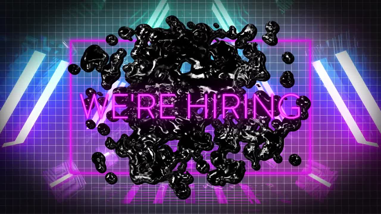 Animation of we are hiring neon text over black stain and digital tunnel