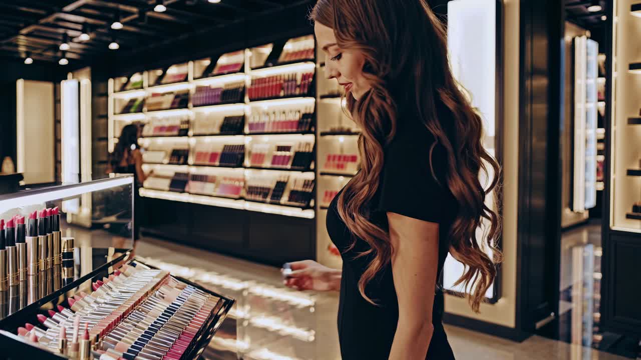Donna che acquista rossetto in un negozio di cosmetici