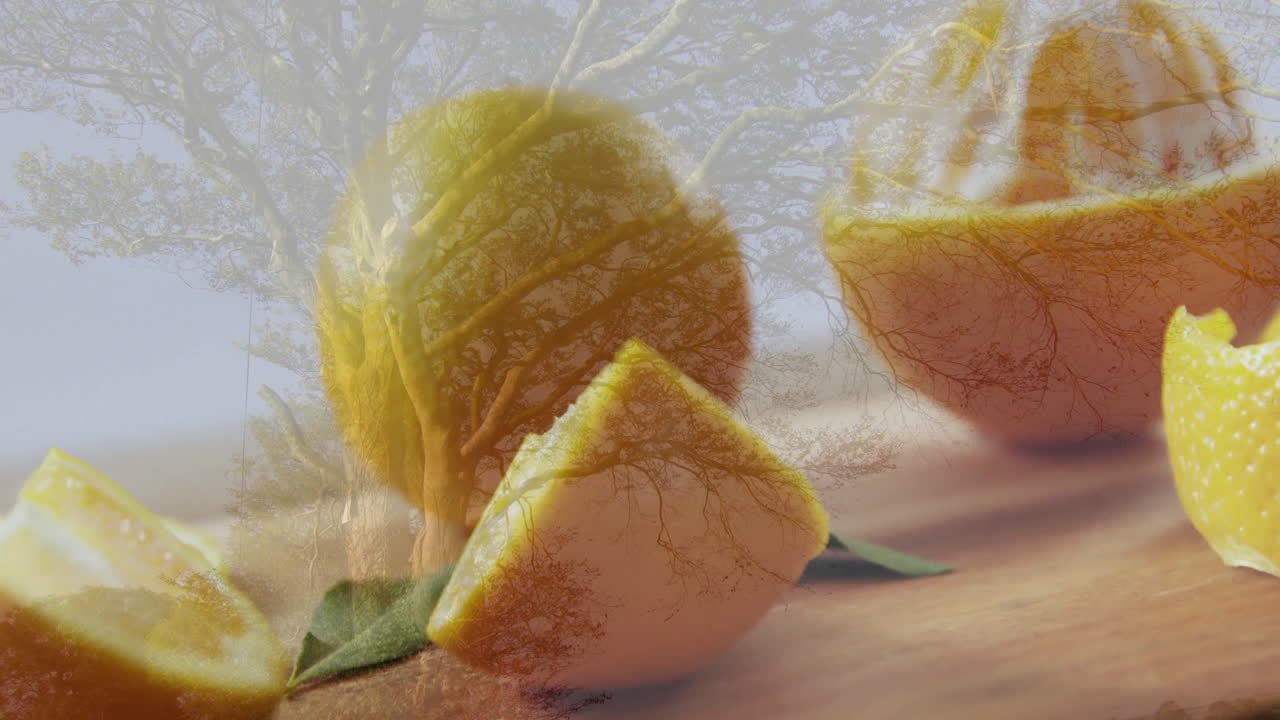 Tree branches overlaying slices of orange, creating natural animation fusion