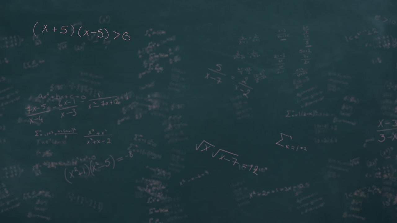 Mathematical equations moving against black board
