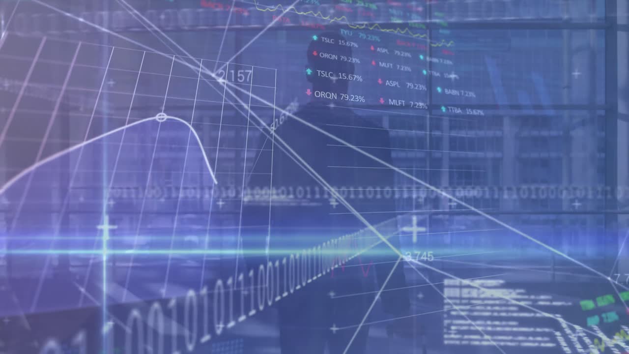 Animation of financial data processing over caucasian businessman with luggage walking