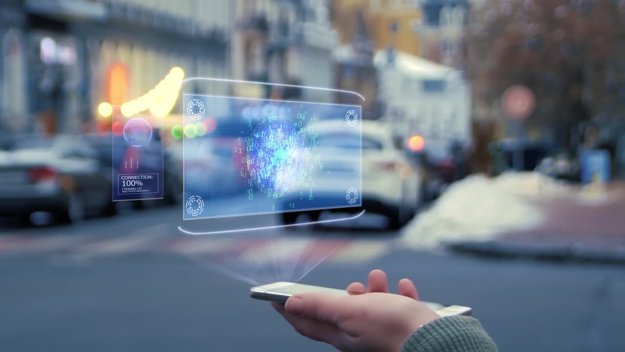 las manos femeninas interactúan hud holograma planeta digital