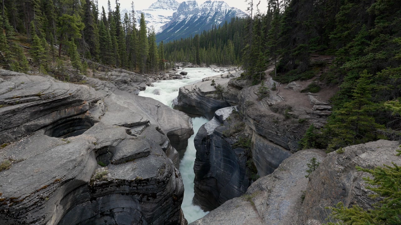 Mistaya Canyon showcasing turquoise water carving through rock formations in Banff National Park